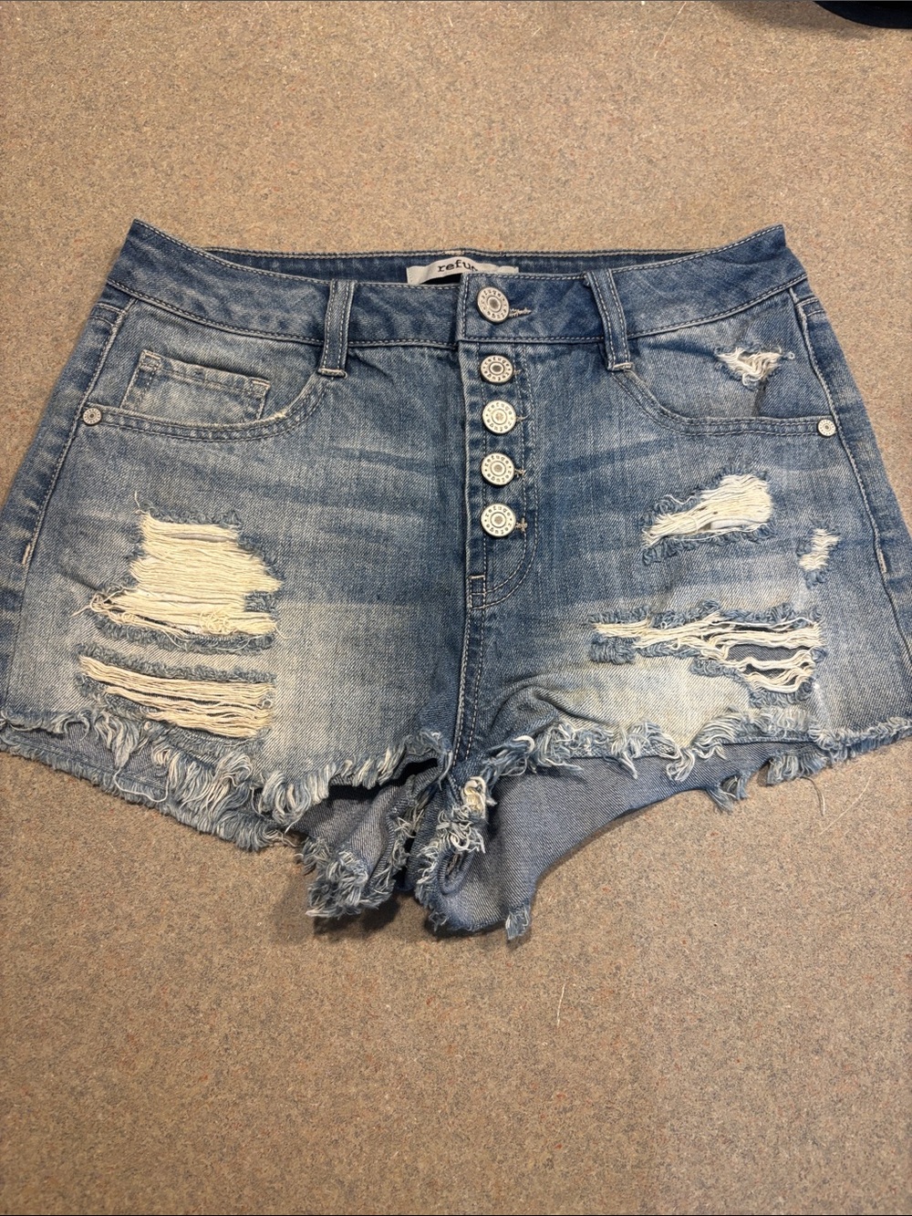 refuge Distressed Light Blue Denim Button-Front Shorts